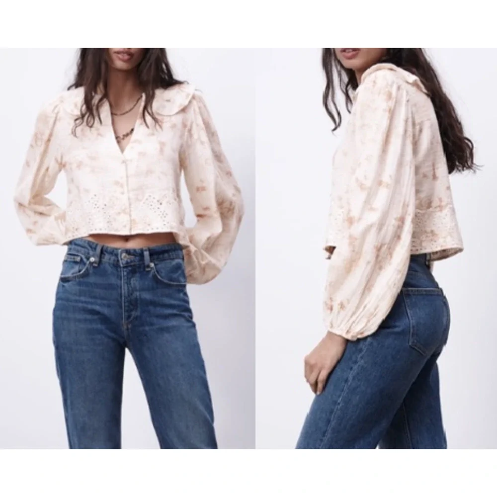 Zara Cream Tie-Dye Eyelet Lace Cropped Blouse